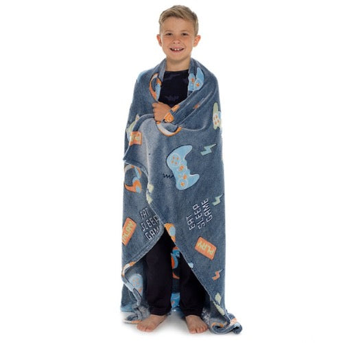 Children’s gaming glow in the dark fleece throw blanket with controller and gaming icons, soft polyester kids blanket for bed or sofa