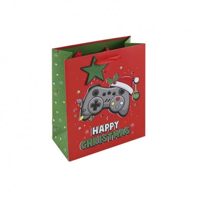 christmas ‘happy christmas’ gaming gift bag large, festive red bag with gaming controller design, red foiled santa hat, green star gift tag, ideal for gamers