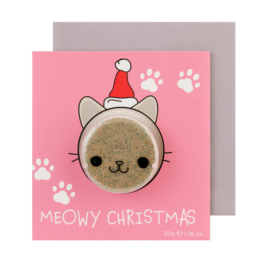 bubble t meowy christmas card bath bomb opened showing bath bomb with sweet raspberry fragrance