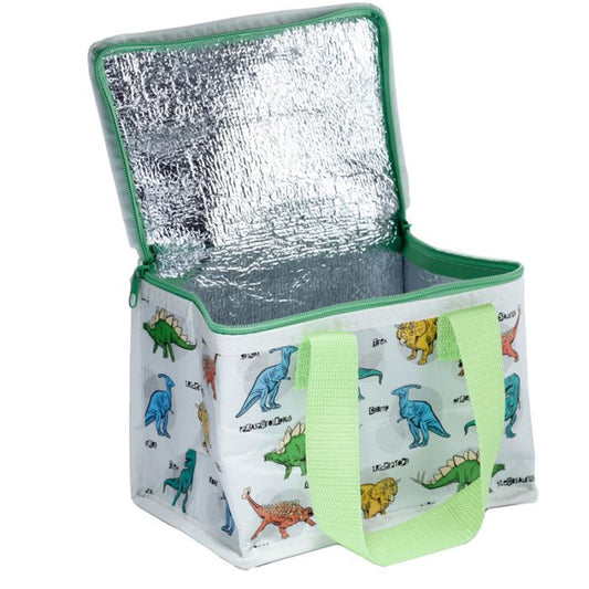 Kids dinosaur lunch cool bag with zip fastening and carry handles, recycled RPET insulated food bag