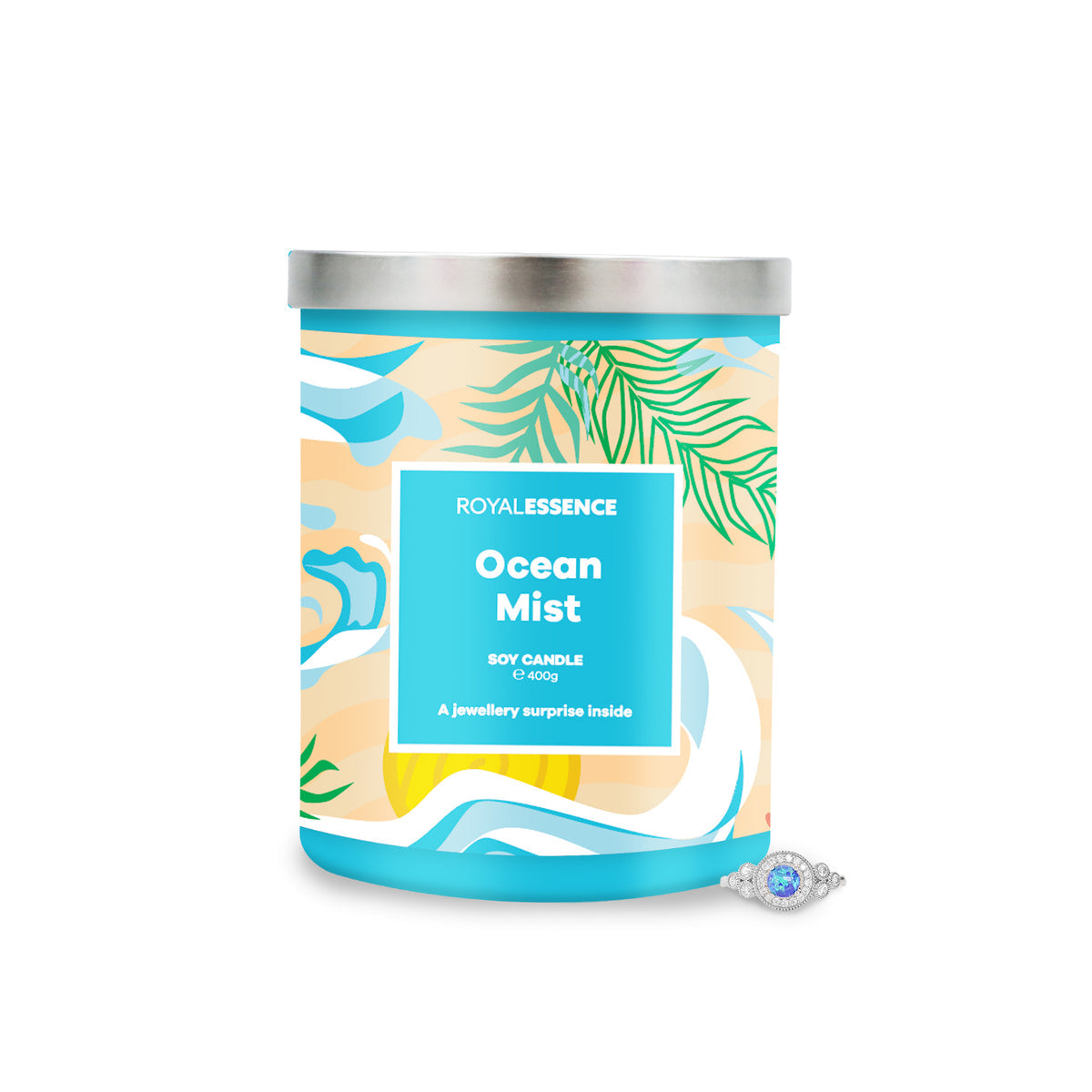 royal essence ocean mist candle in sealed packaging with vibrant design