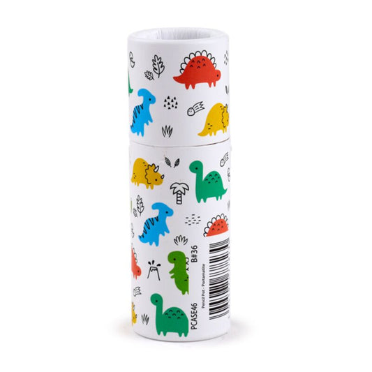closed dinosaur pencil pot filled with twelve assorted colouring pencils