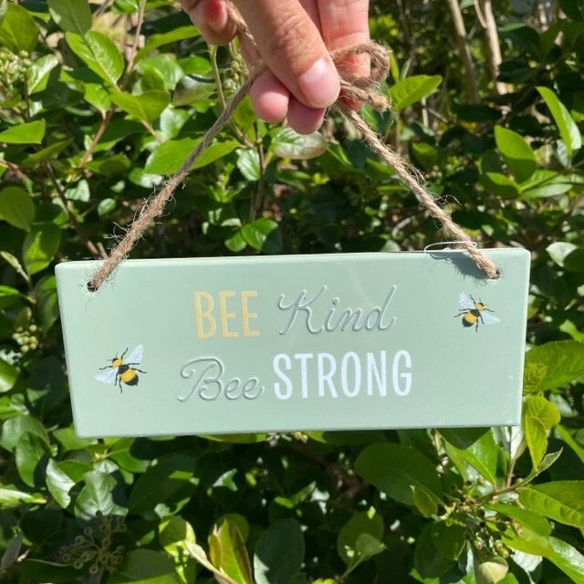 bee kind bee strong ceramic hanging sign with pale green finish and bee design