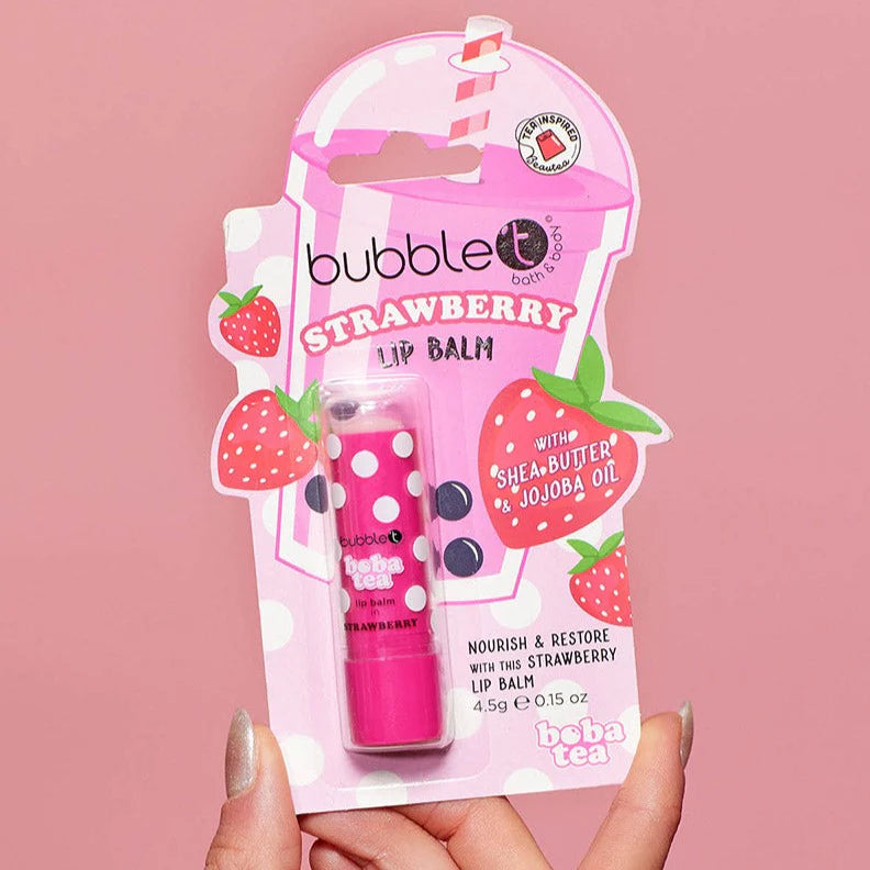 bubble t strawberry lip balm 4.5g, nourishing lip balm with shea butter and jojoba oil, hydrates and soothes dry lips, long-lasting strawberry fragrance, cruelty-free
