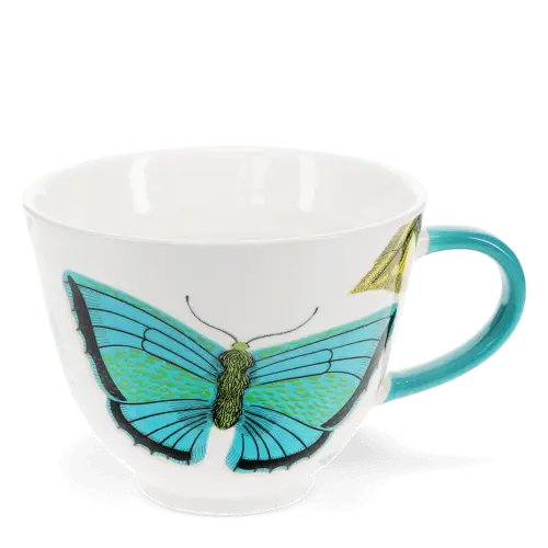 turquoise butterfly ceramic mug with floral design and large capacity for tea or coffee
