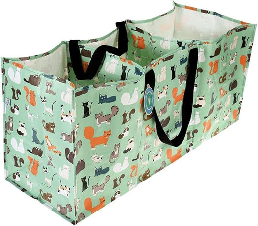 front view of ultimate recycling bag in cats design with three separate compartments