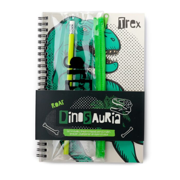 dinosaur ring bound stationery set featuring notepad pencil case and matching writing accessories