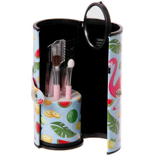 flamingo make up utensil kit opened in holder, organised brushes tweezers and mirror, ideal for on the go use