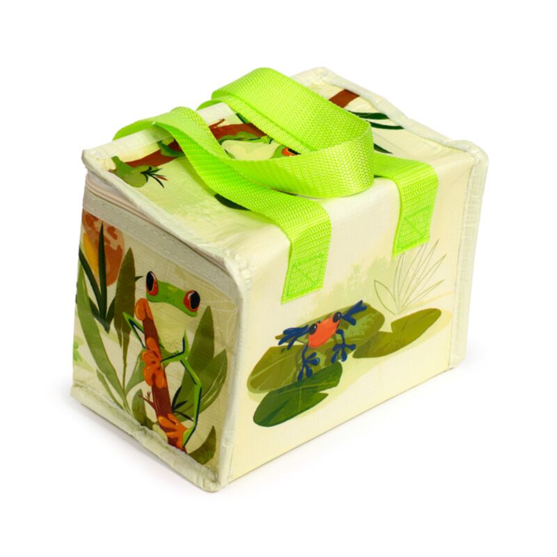 back view of tropical frogs rpet insulated lunch bag with carry handles