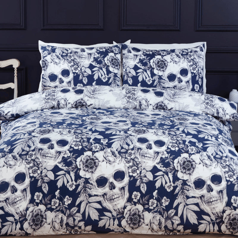 gothic skull navy luxury easy care duvet set with bold alternative design