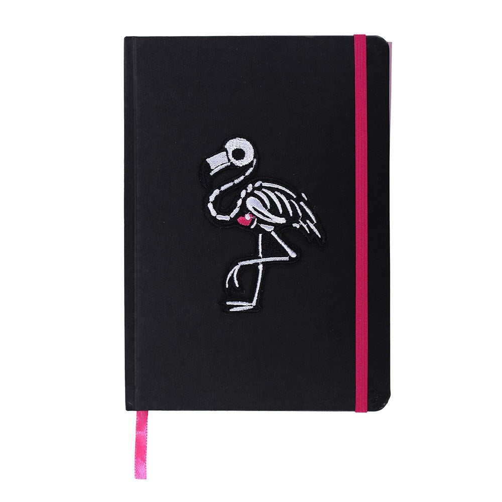 flamin-goth a5 notebook with skeletal flamingo design embroidered patch and sticker sheet