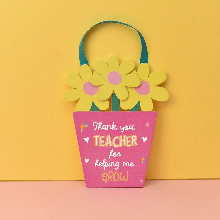 thank you teacher for helping me grow wooden hanging sign with colourful flower design and ribbon