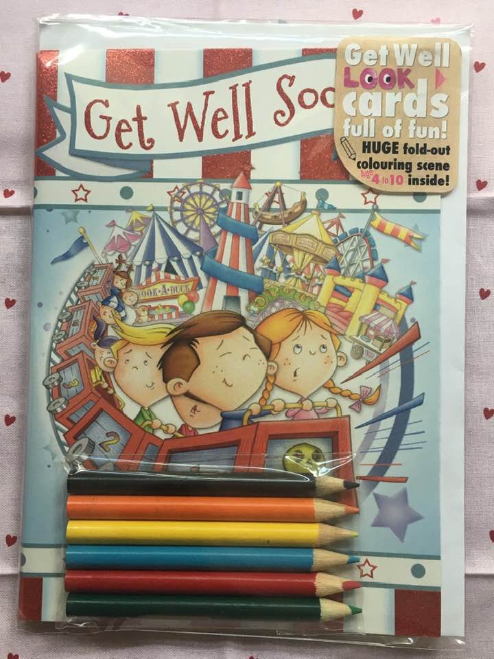 get well soon children’s colouring card showing funfair activity design inside