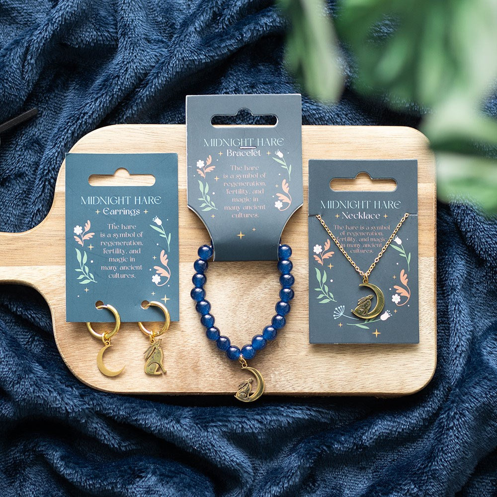 midnight hare jewellery featuring gold crescent moon and hare designs in three styles