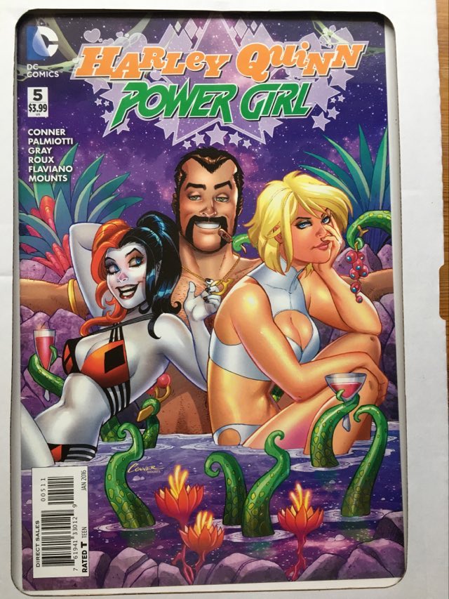 dc comics harley quinn power girl party comic cover displayed in clear clip frame