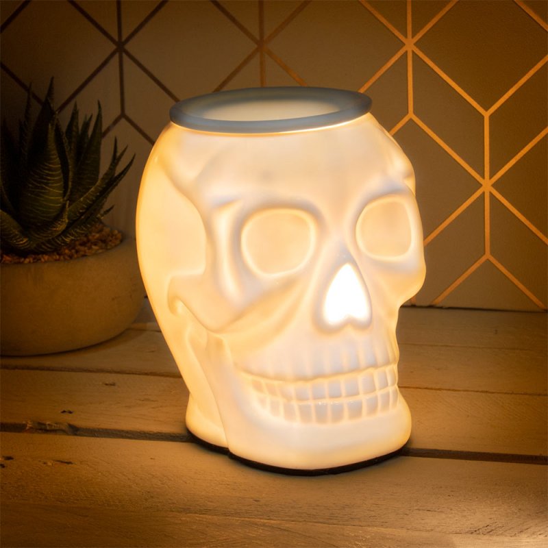 ceramic skull lamp wax burner white, detailed skull design, electric burner for wax melts or fragrance oils, ideal for modern or bold home décor