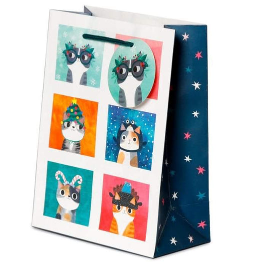 christmas cat gift bag medium, playful festive design with matching gift tag, perfect for small gifts like toys and books