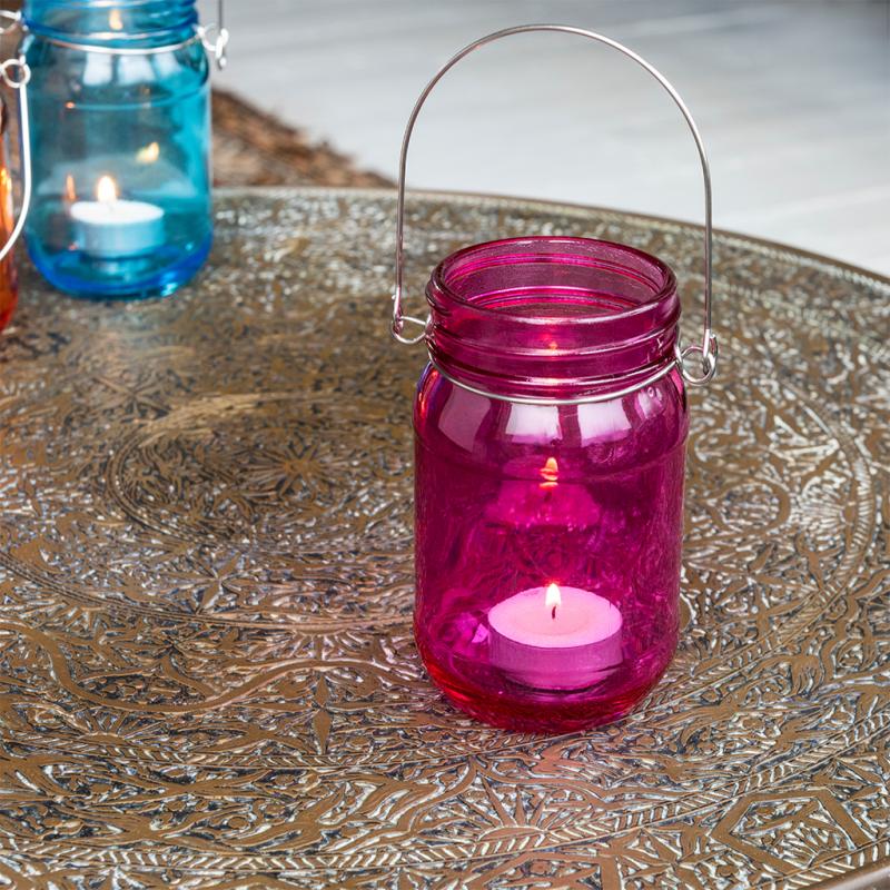 jam jar tealight holder glass hanging candle holder pink