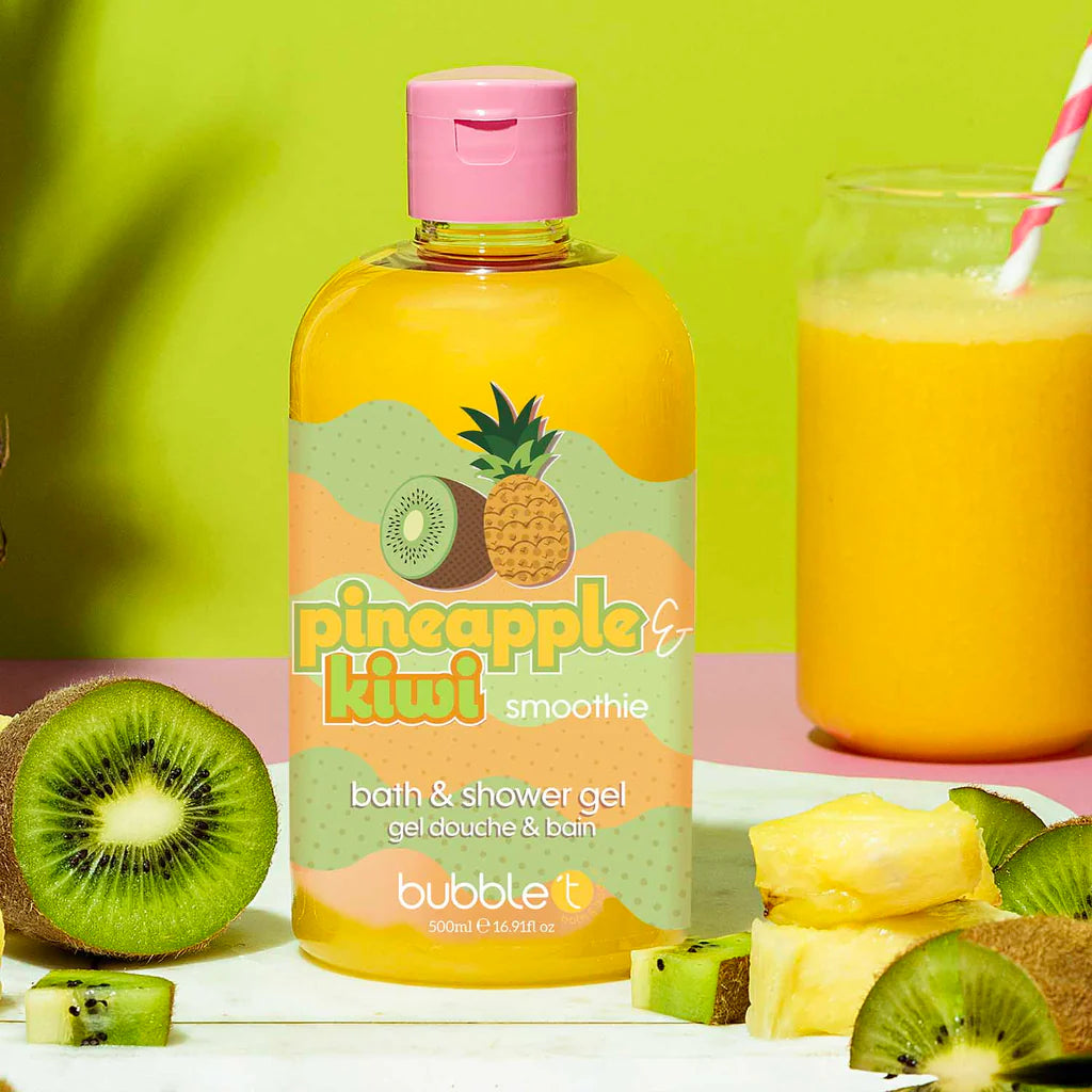 bubble t pineapple & kiwi smoothie body wash 500ml, energising body wash with pineapple and kiwi fragrance, gently cleanses and refreshes skin, vegan-friendly and paraben-free