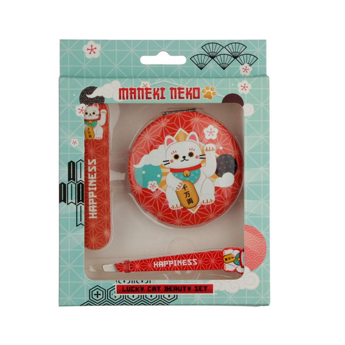 maneki neko lucky cat beauty set with compact mirror nail file and tweezers