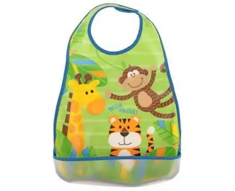 wipeable baby bib with crumb catcher turned to show catch pocket