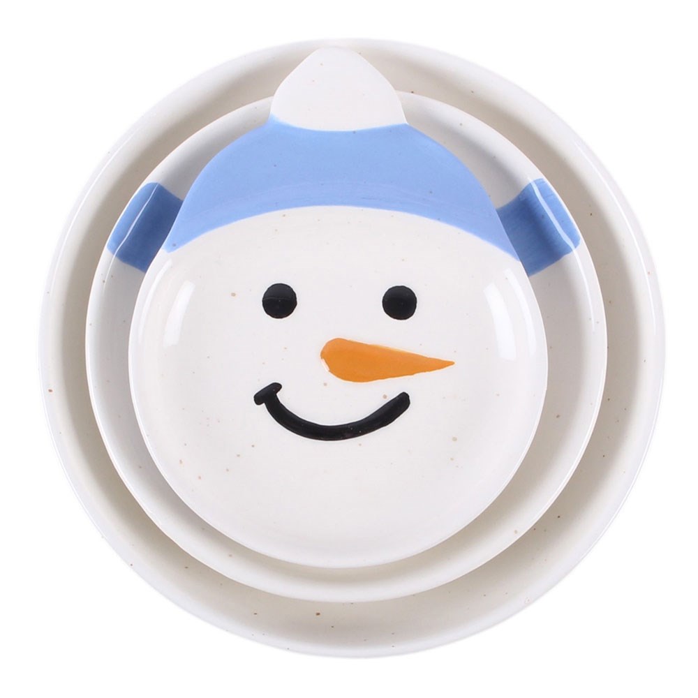 christmas snowman bowls nested together with snowman face on top
