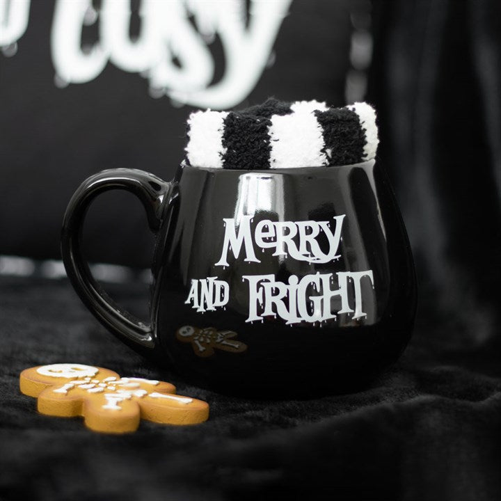 christmas merry and fright black mug with matching fluffy striped socks gift set