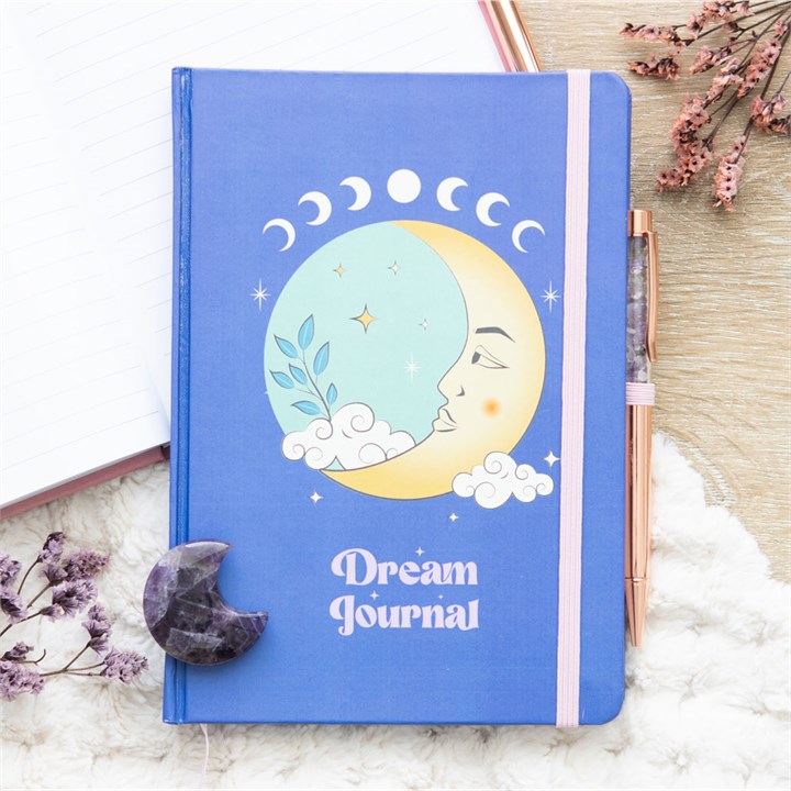 celestial dreams moon themed lined journal with coordinating amethyst style pen