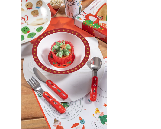 christmas nutcracker cutlery set for kids displayed on festive christmas table setting