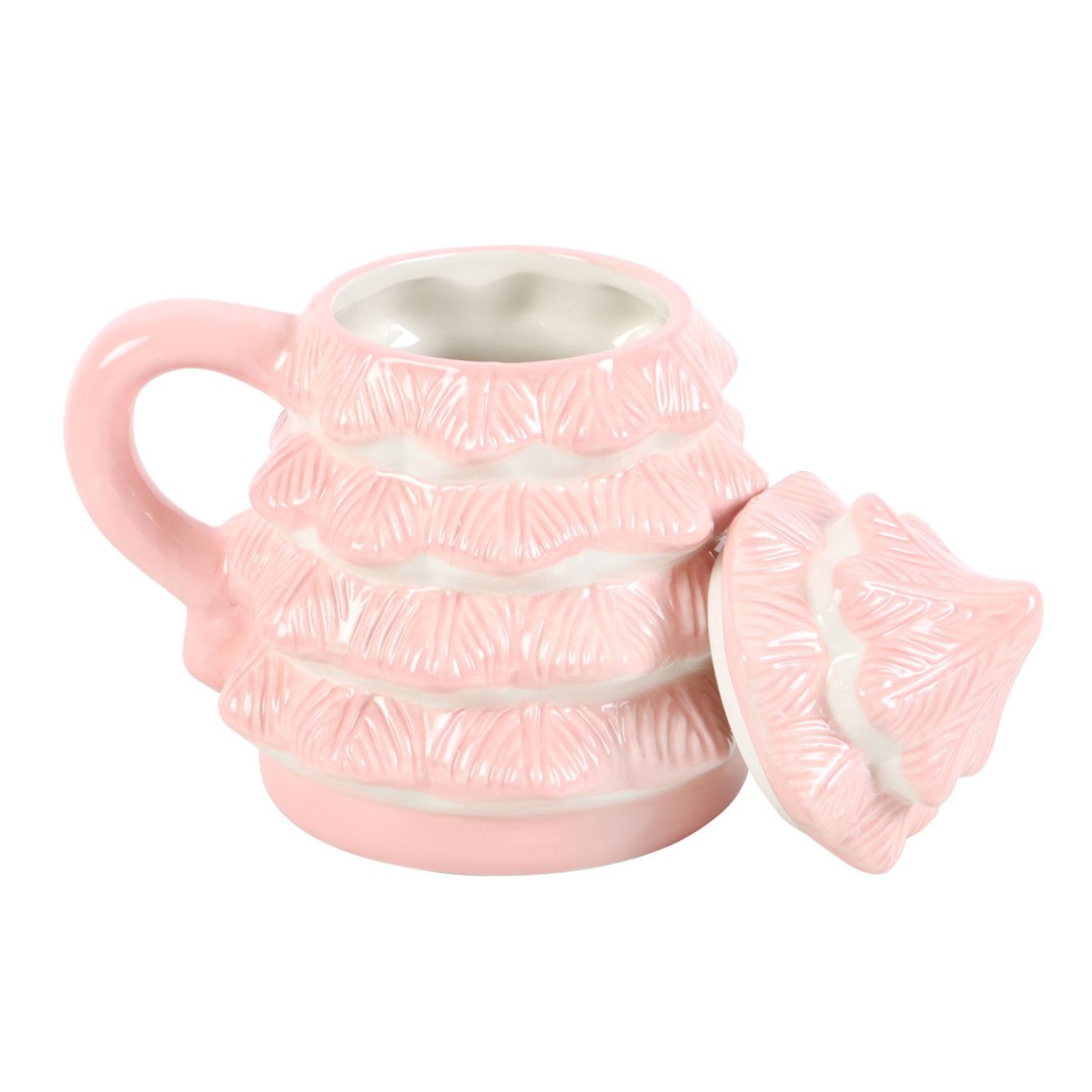 pink christmas tree mug and matching removable lid displayed side by side