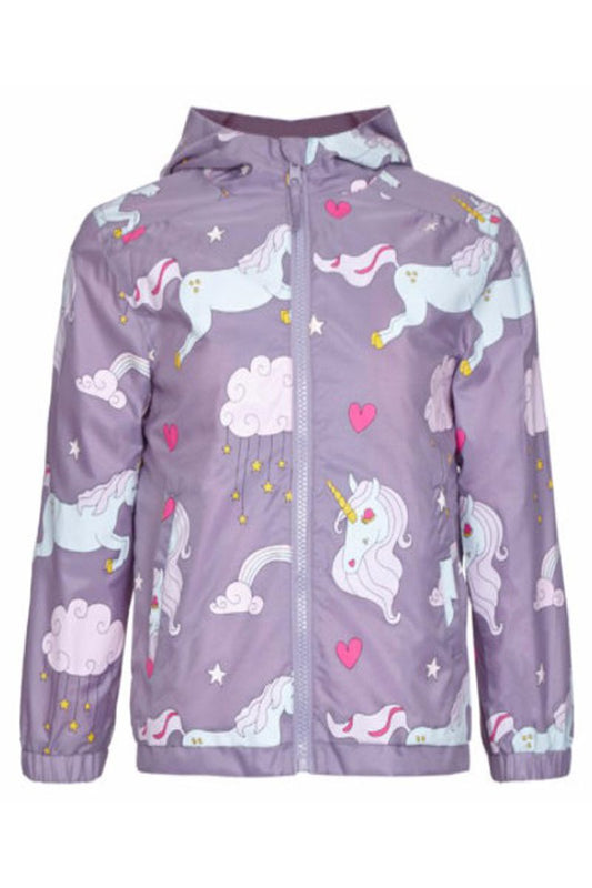 holly and beau childrens unicorn raincoat displayed showing full front design