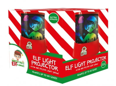 christmas elf light projector, rotating elf-themed display with colour-changing lights, battery-operated, compact size for festive home décor