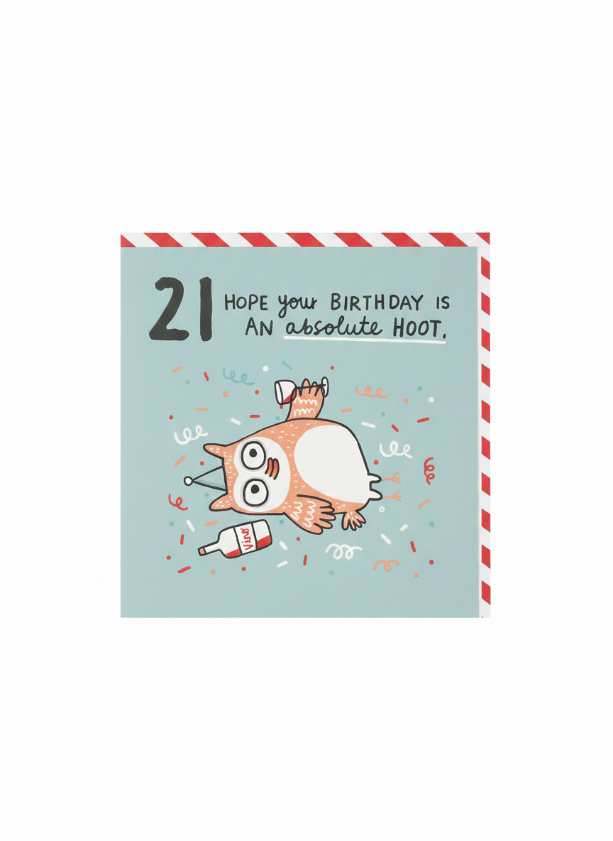 21st birthday greeting card featuring owl and wine design with playful humorous milestone theme