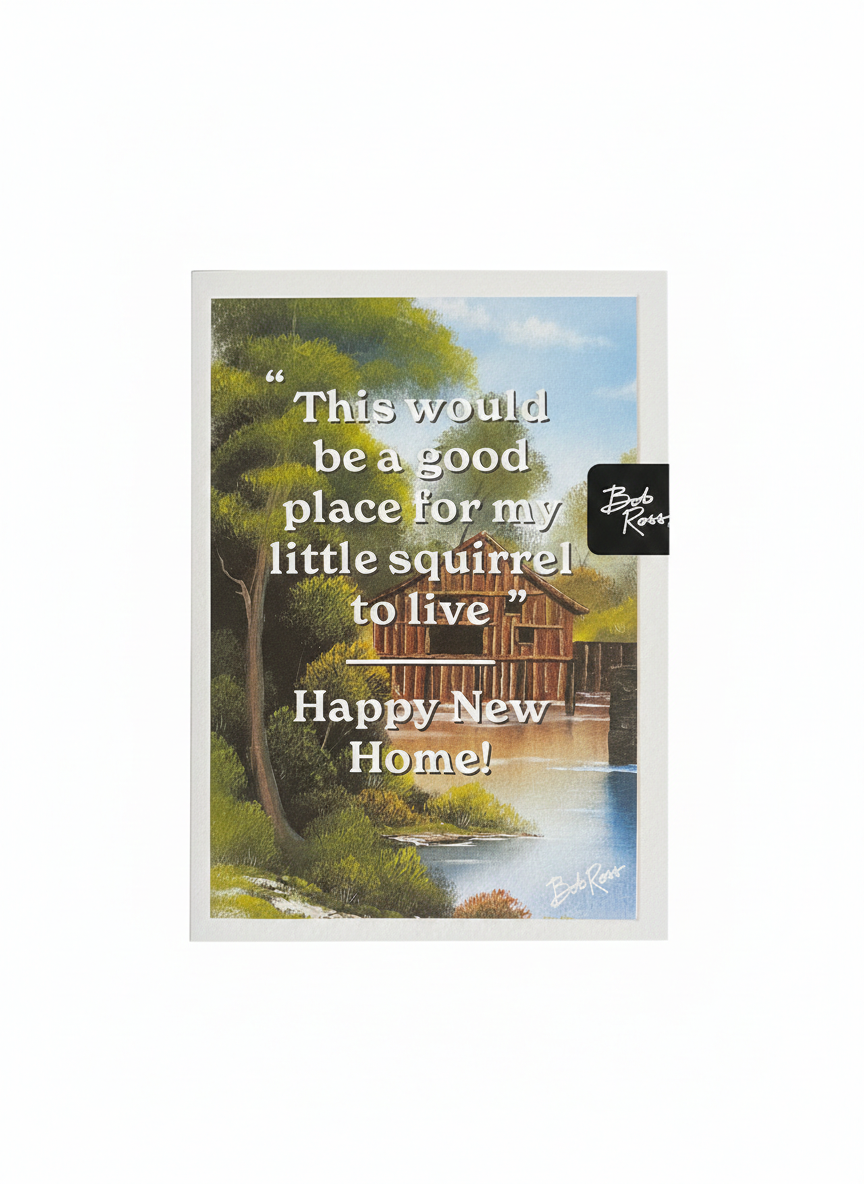 new home greeting card with landscape illustration inspired by bob ross humorous design blank inside