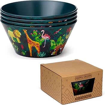 animal kingdom picnic bowls stacked next to the boxed set packaging