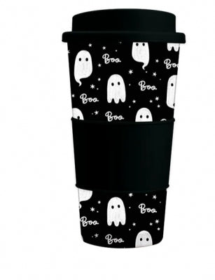 halloween boo reusable travel mug with ghost design for hot drinks on the go