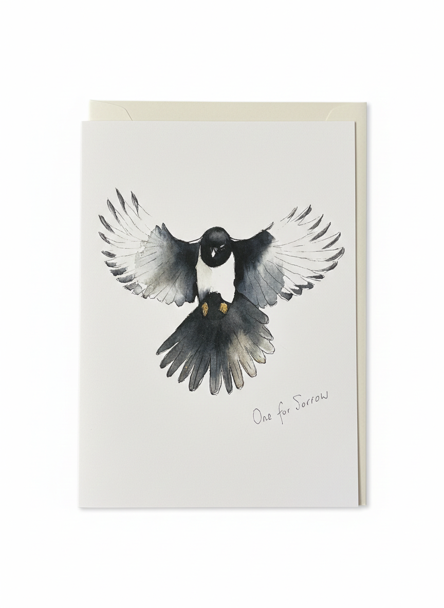 blank sympathy card magpie illustration symbolic design understated style thoughtful message card