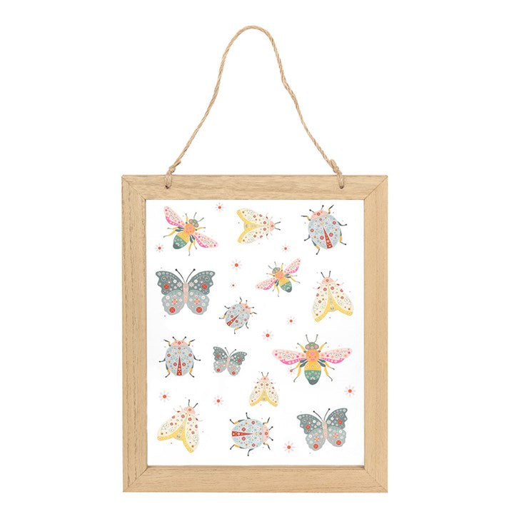 botanical bug print glass wall décor displayed front view with playful colourful illustration