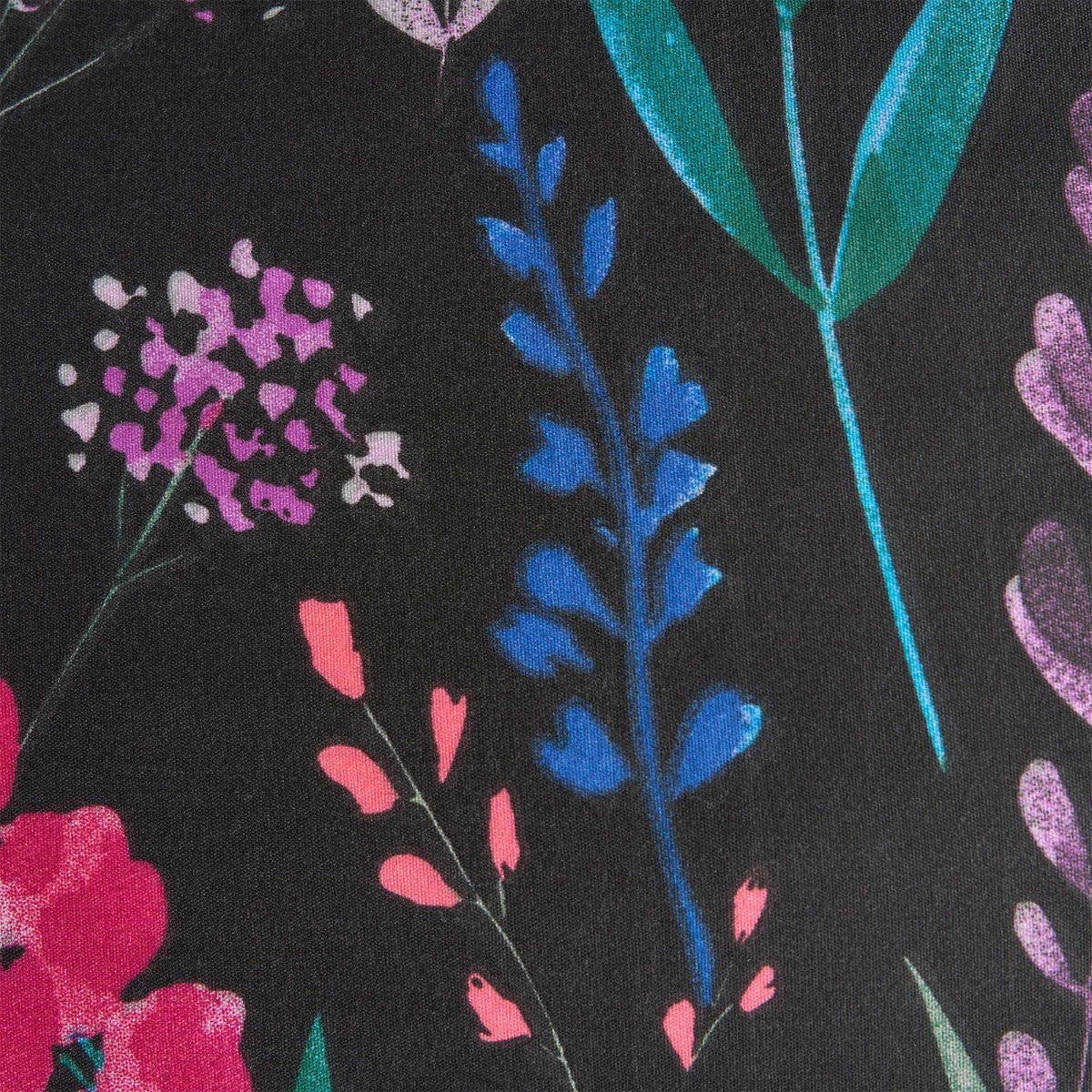 Close-up of black floral duvet cover fabric showing colourful flower detail