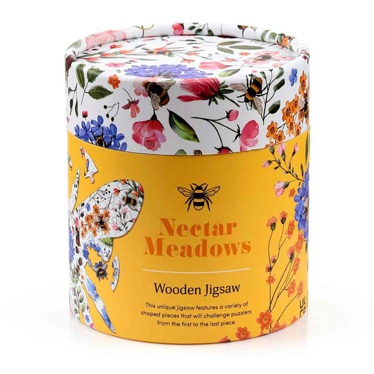 wooden bee shaped jigsaw puzzle nectar meadow illustration