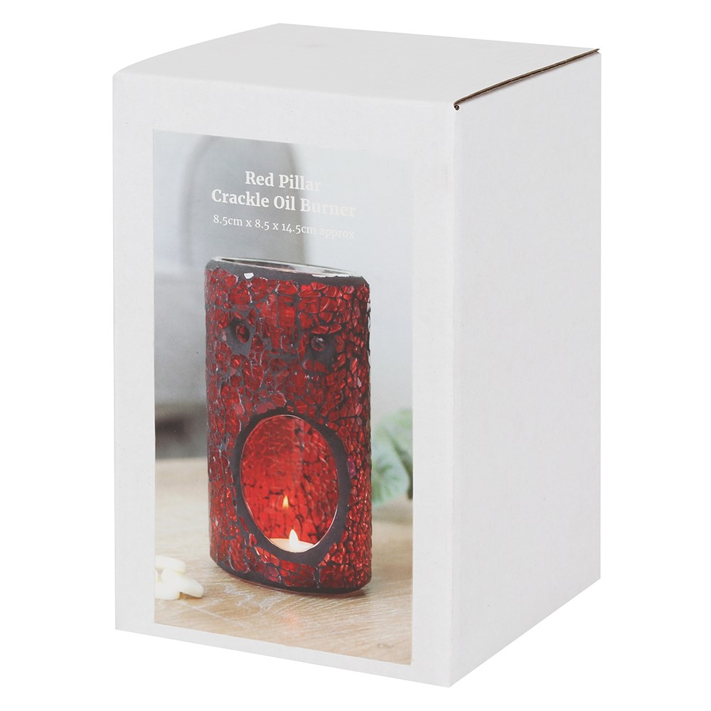 boxed red crackle glass oil burner with product image displayed on packaging