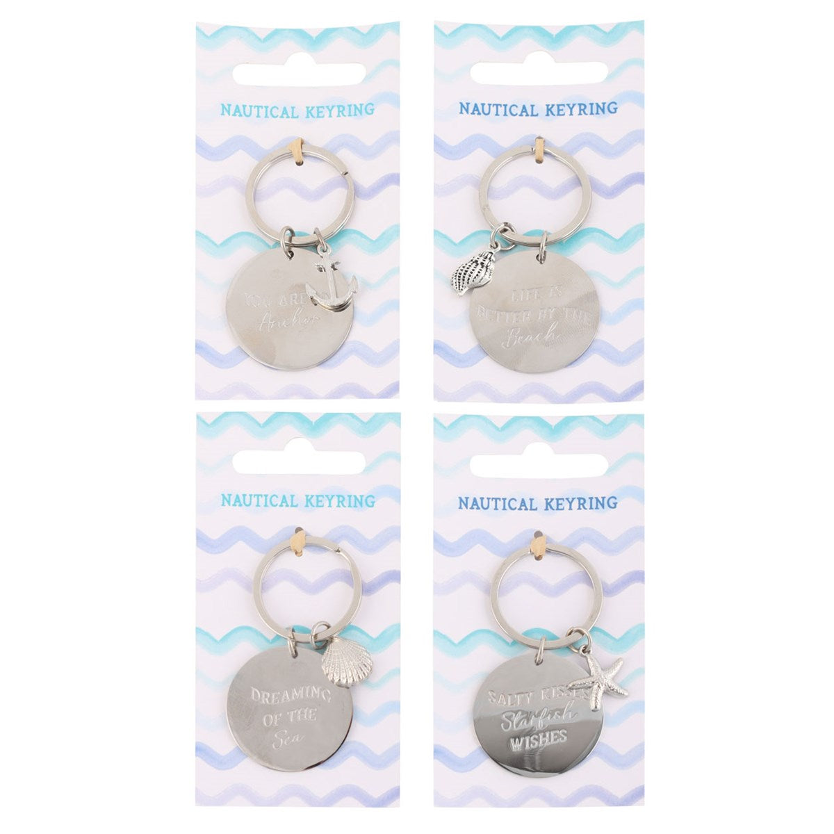 four nautical keyrings featuring beach sayings and matching anchor shell and starfish charms