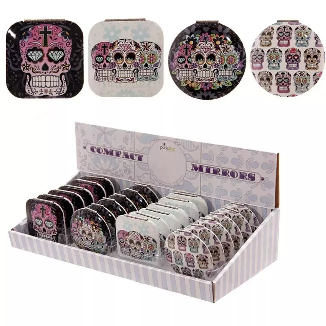 sugar skull compact mirror showing multiple round and square design variants for everyday use