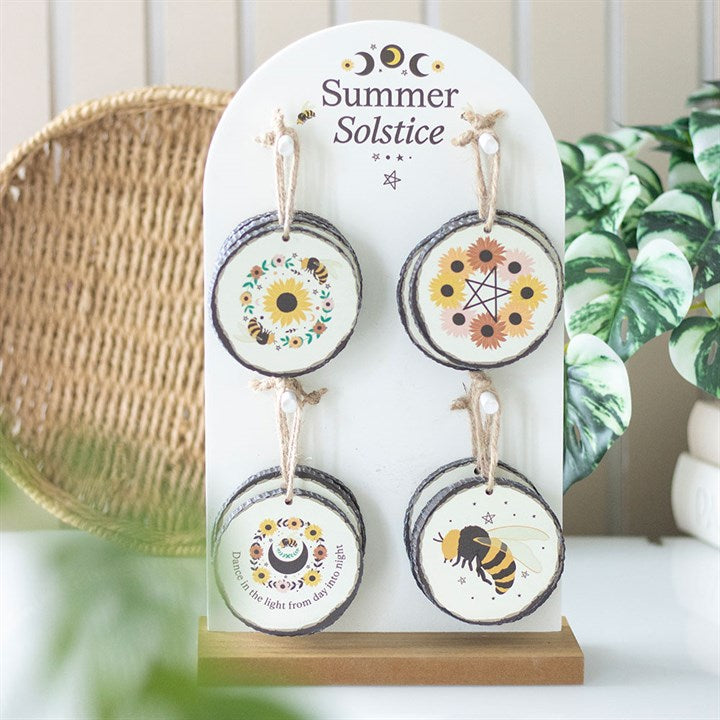 summer solstice wood slice hanging decorations with sunflower bee pentagram or moon phase designs