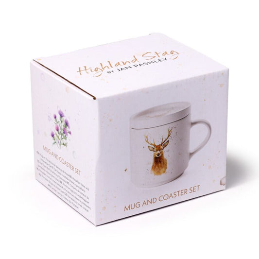 jan pashley stag porcelain mug and coaster lid set presented in boxed packaging