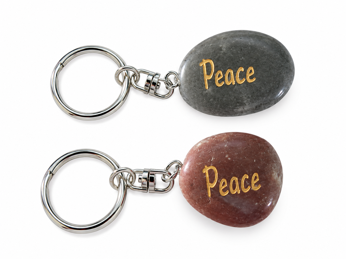 inspirational stone key ring reading peace