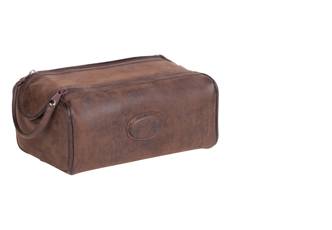 faux leather mens wash bag with twin zip opening carry handle and internal compartments