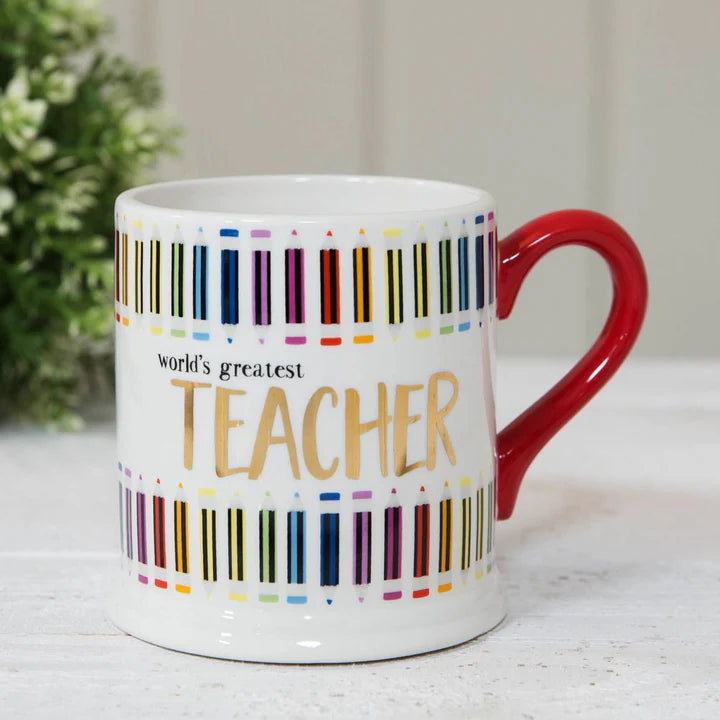 world’s greatest teacher ceramic mug gift, decorated with colourful pencil illustrations, ideal for teachers, perfect for tea or coffee breaks