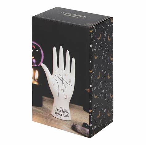 boxed ceramic palmistry hand ornament shown packaged and ready for gifting