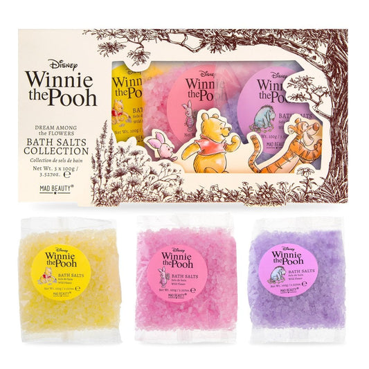 boxed disney winnie the pooh bath salt trio beside three individually packaged salts
